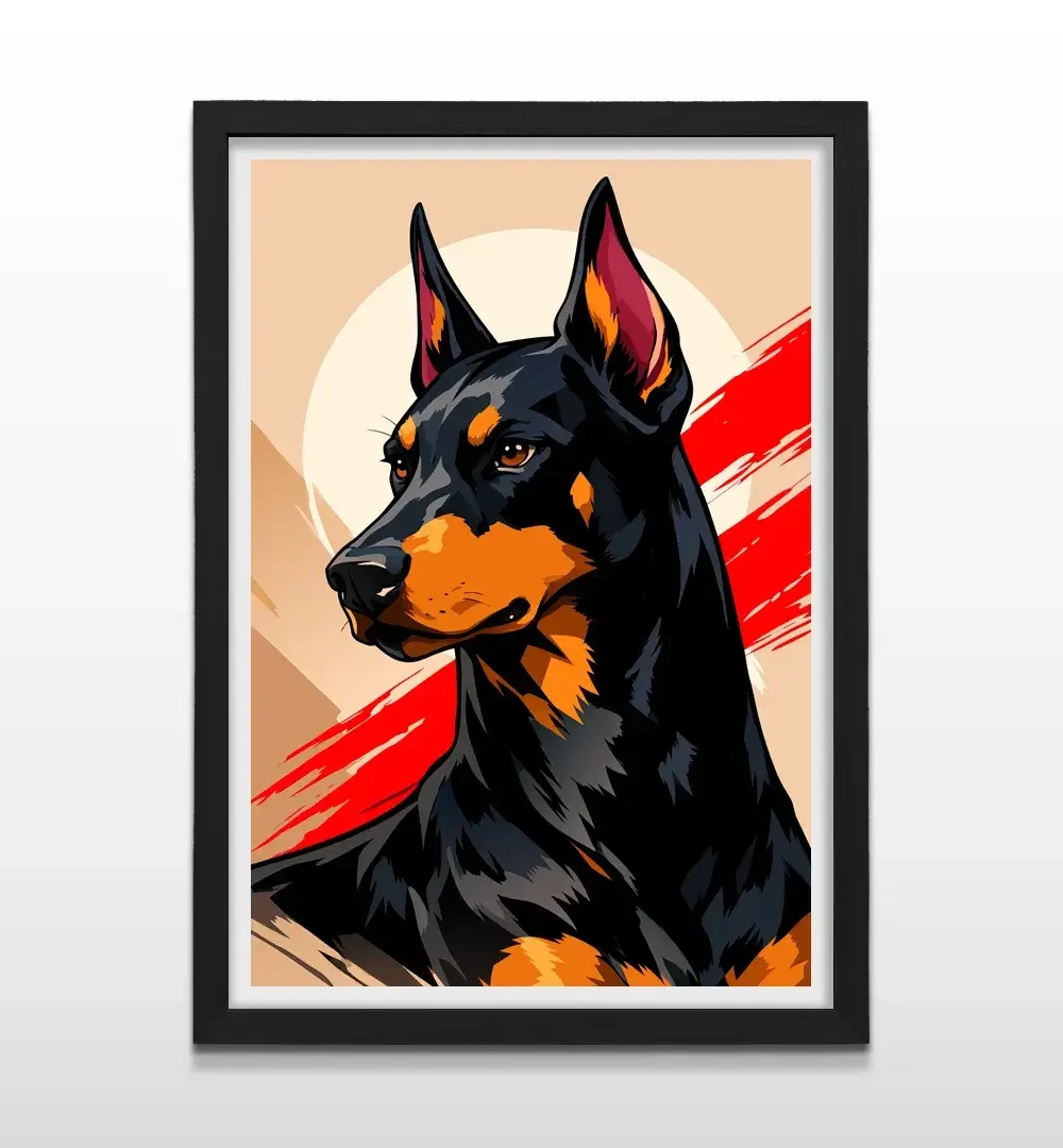Cuadro moderno de Doberman en rojo y beige con marco negro, arte de pared de estilo pop y regalo ideal para amantes de los perros y el diseño contemporáneo
