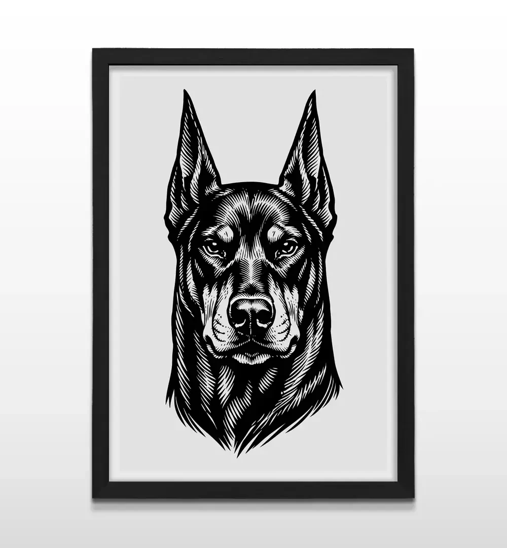 Cuadro moderno de Doberman abstracto con marco negro, arte de pared de alto contraste y regalo ideal para amantes de los perros y el interiorismo minimalista