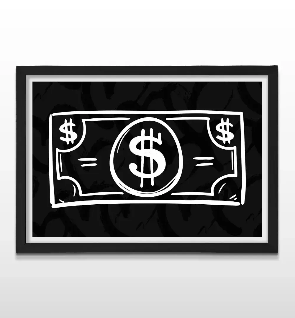 Cuadro moderno de billete abstracto con marco negro, arte de pared de lujo de alto contraste y regalo ideal para inversores, empresarios y amantes del minimalismo