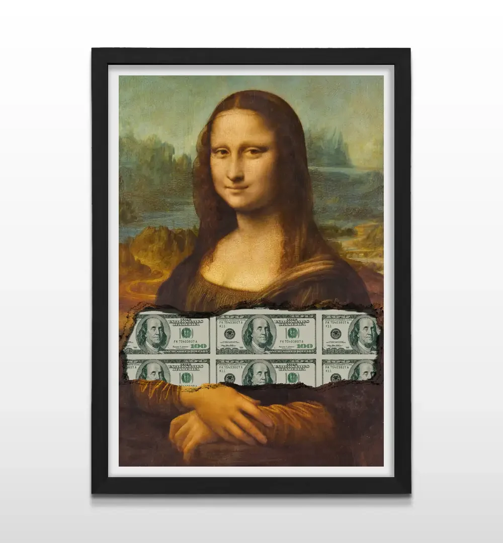 Cuadro moderno dólares ocultos con ilustración de pintura antigua rasgada con marco negro de madera, póster vertical para decoración de livings