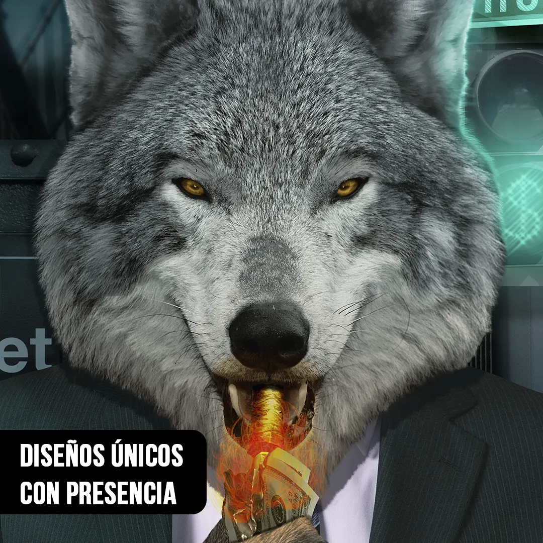 Primer plano de fotomontaje de un lobo con traje y corbata sosteniendo un billete de dólar encendido en llamas