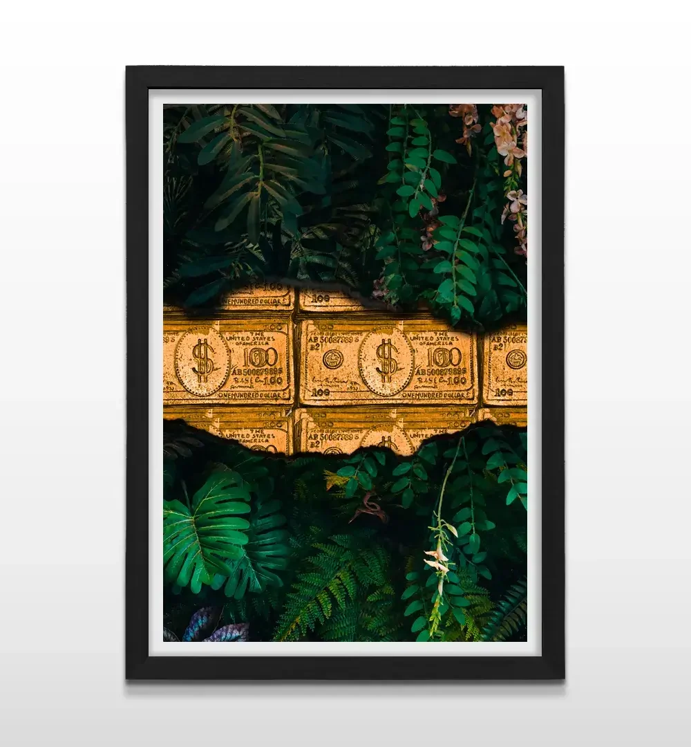 Cuadro moderno de hojas verdes y oro con marco negro, arte de pared botánico de alto contraste y regalo ideal para amantes del lujo, la naturaleza y el diseño de interiores