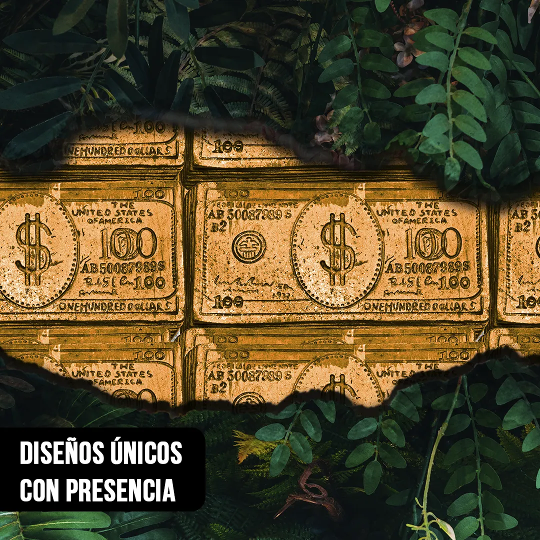 Primer plano de composición botánica con hojas verdes enmarcando bloques de billetes de cien dólares dorados