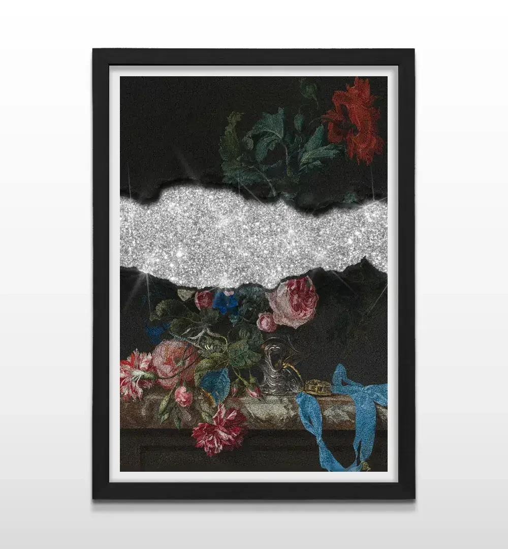 Cuadro moderno de flores y diamantes con marco negro, arte de pared de diseño premium y regalo ideal para amantes del arte conceptual y el interiorismo de lujo