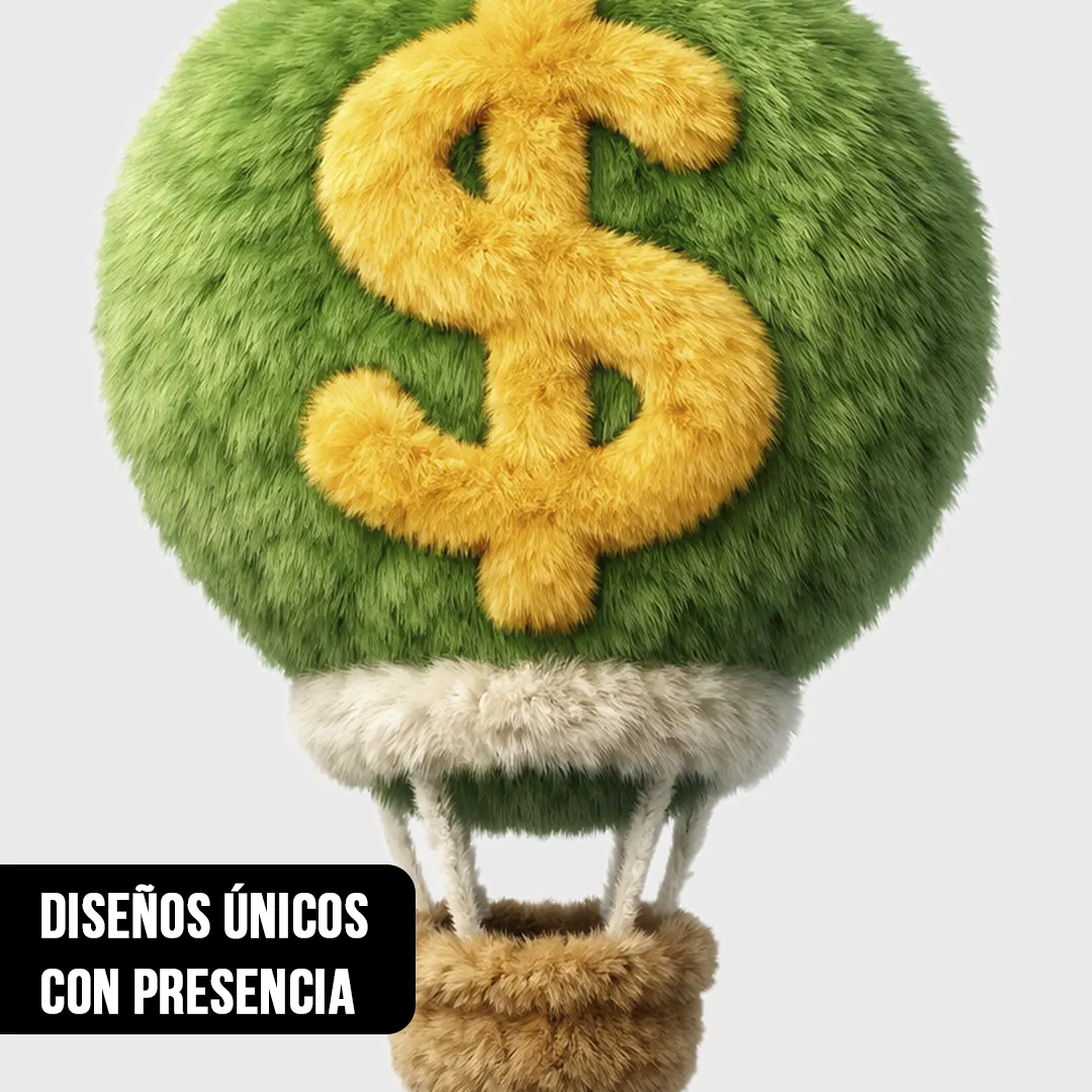 Primer plano de render 3D de un globo aerostático suave de peluche verde con el signo de dólar amarillo