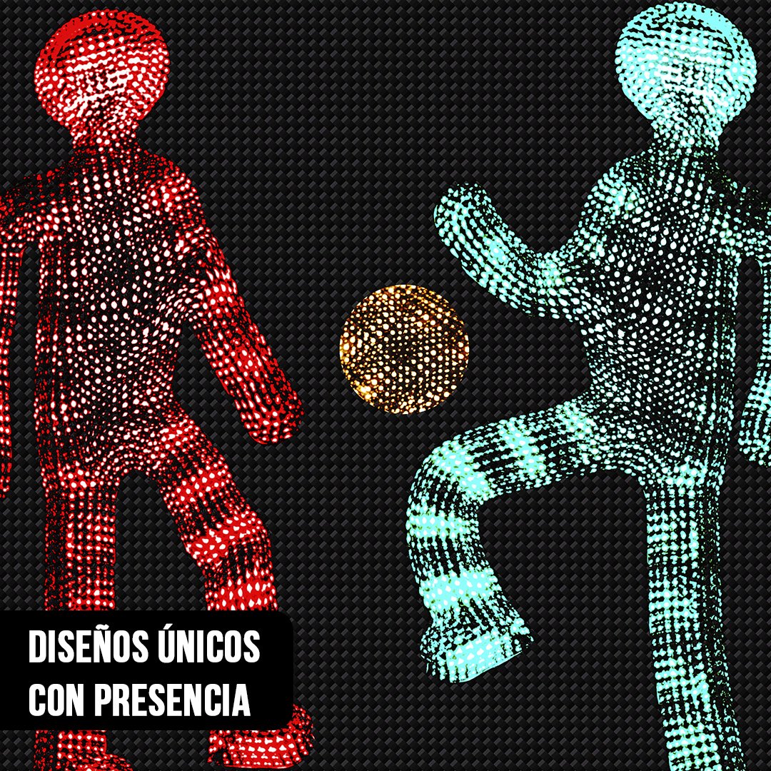 Primer plano de arte digital con dos siluetas de futbolistas formadas por puntos luminosos rojos y celestes sobre fibra de carbono