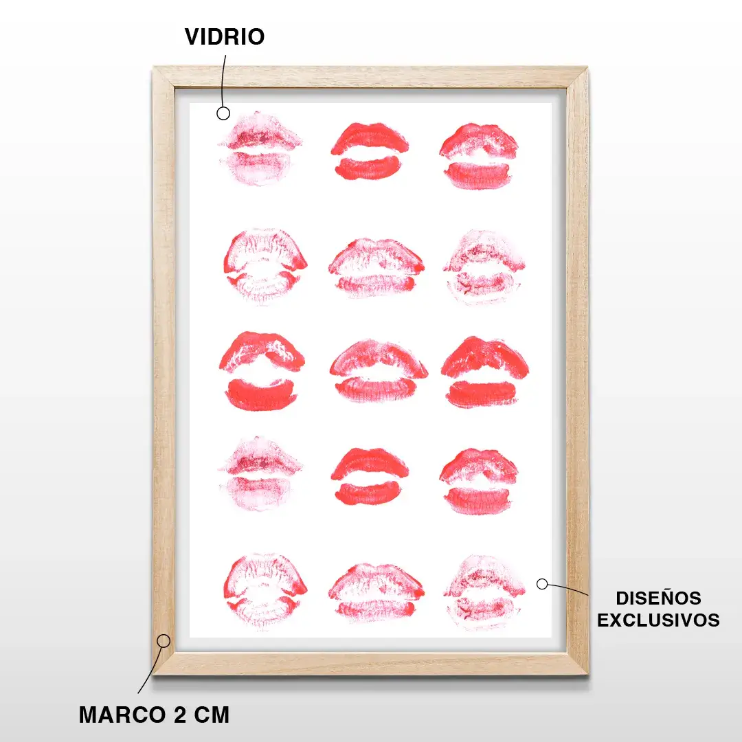 Cuadro decorativo de labios rojos rouge sobre fondo blanco minimalista, marco de madera de 2 cm, vidrio protector y lámina artística de alta resolución