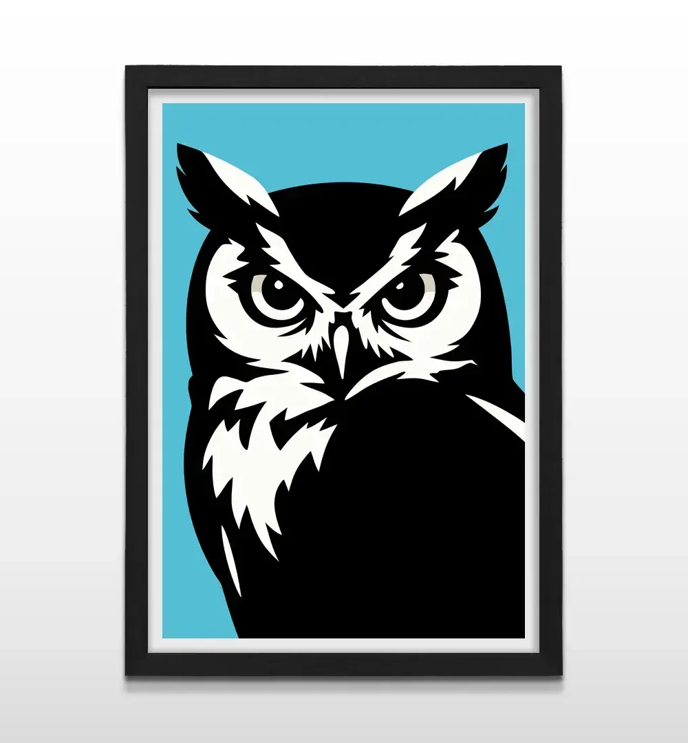Cuadro moderno de lechuza abstracta con marco negro, decoración de alto impacto visual y regalo ideal para amantes de las aves, el diseño contemporáneo y el arte minimalista