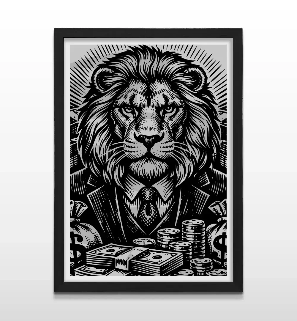 Cuadro moderno de león sobre fondo gris con marco negro, decoración de alto impacto visual y regalo ideal para líderes y emprendedores