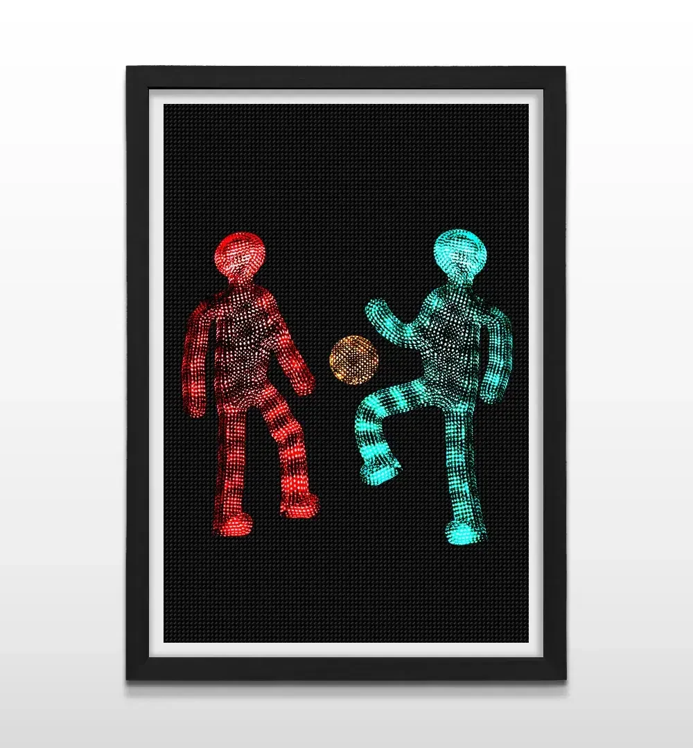 Cuadro moderno de figuras de semáforo futbolistas con marco negro, decoración de alto impacto visual y regalo original para fanáticos del fútbol y el diseño urbano