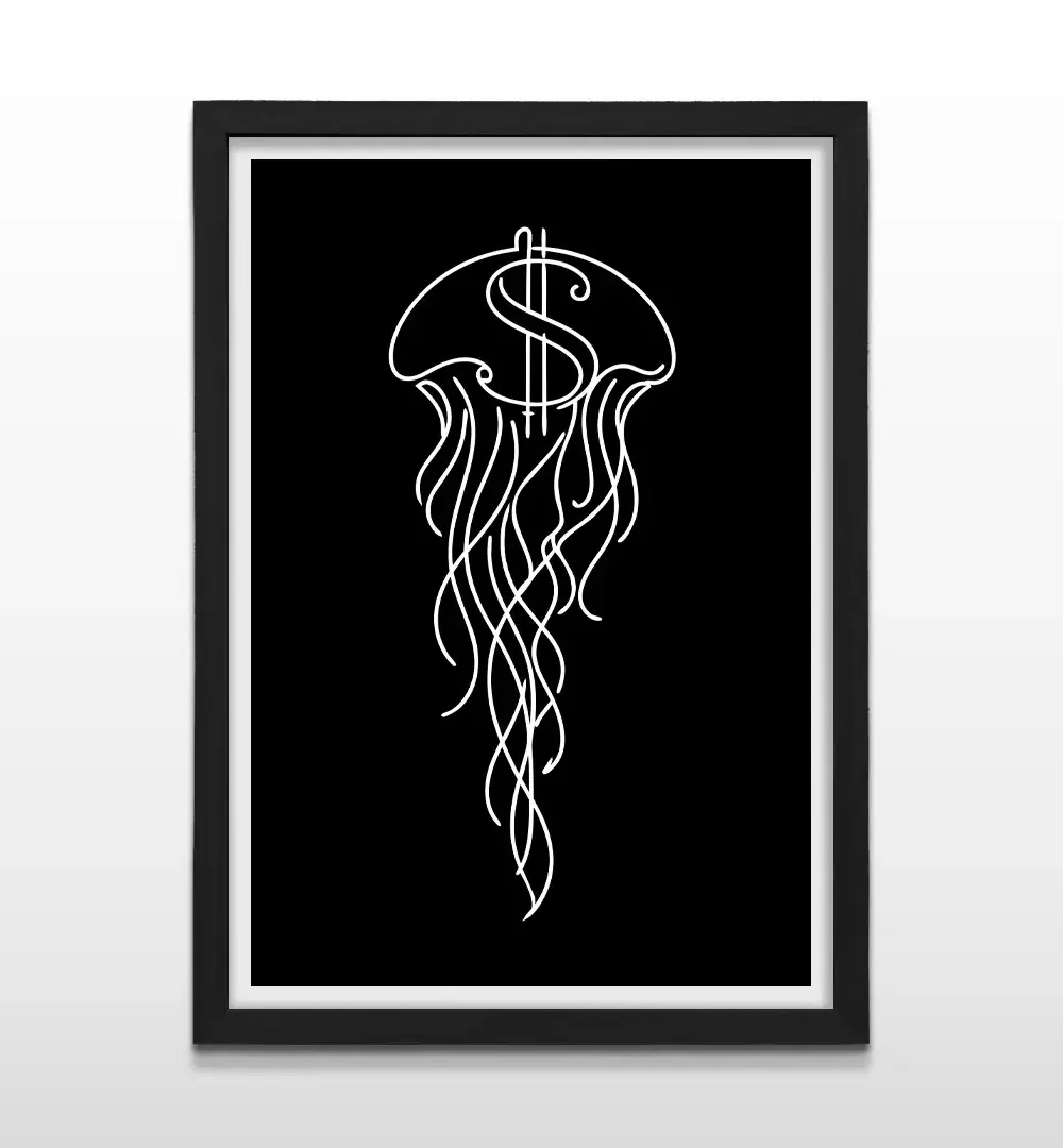 Cuadro moderno de Medusa y símbolos de dinero con marco negro, decoración de alto impacto visual y regalo ideal para emprendedores y amantes del arte clásico