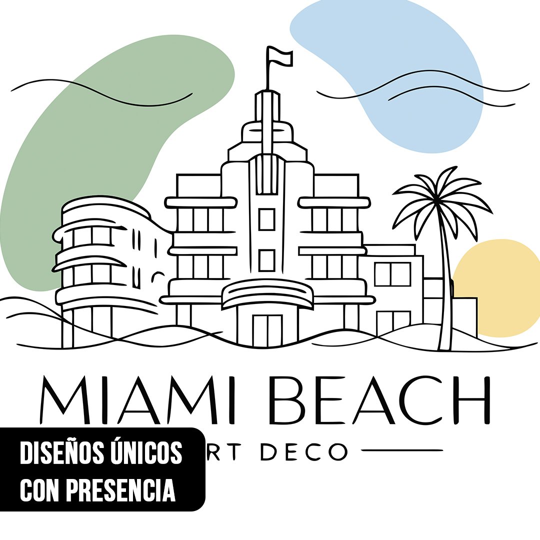 Primer plano de ilustración de línea de arquitectura Art Deco de Miami Beach con palmera y manchas de color