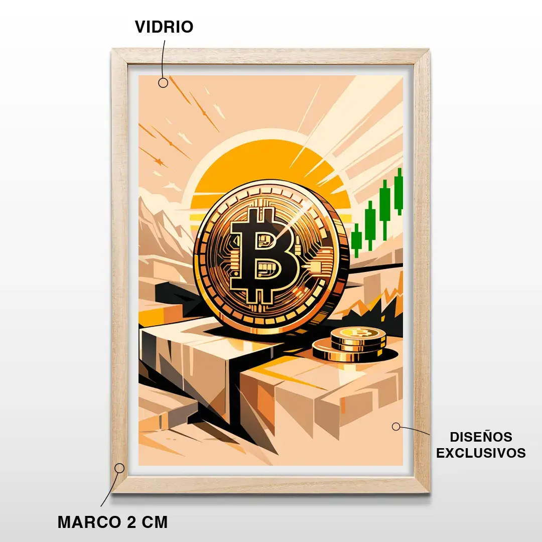 Cuadro decorativo con diseño de moneda Bitcoin abstracto y velas verdes de mercado sobre fondo amarillo, marco de madera de 2 cm, vidrio y lámina artística de alta resolución