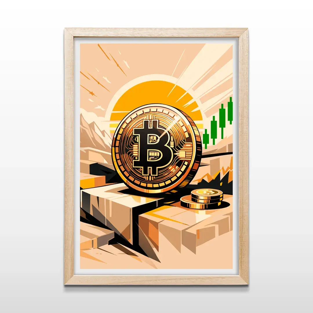 Cuadro de Bitcoin y velas de mercado con marco de madera natural, decoración de pared de estilo financiero y moderno para despachos de inversores y brokers