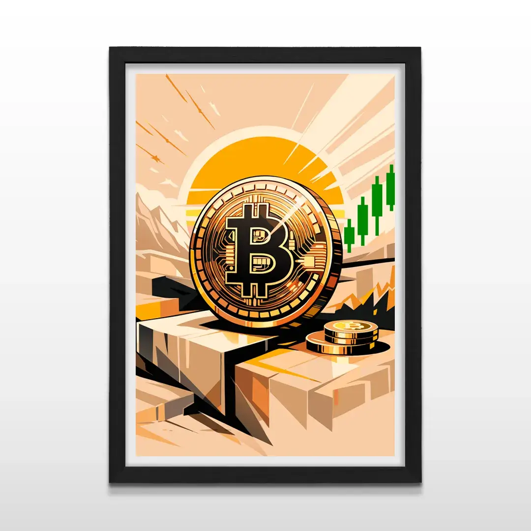 Cuadro moderno de Bitcoin y velas verdes con marco negro, arte de pared de alto impacto y regalo ideal para traders de criptomonedas y entusiastas del blockchain