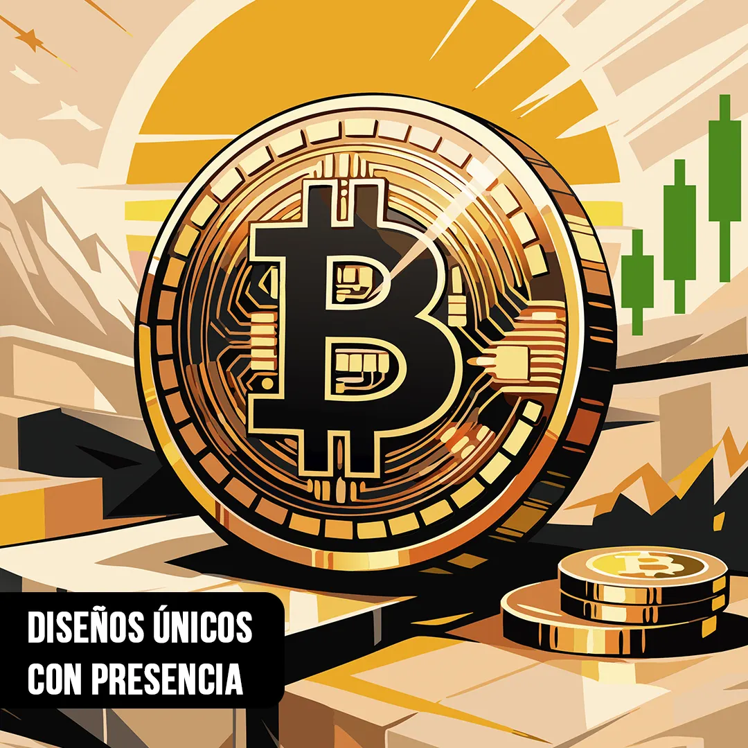 Primer plano de ilustración vectorial de moneda gigante de Bitcoin dorada con velas japonesas alcistas verdes