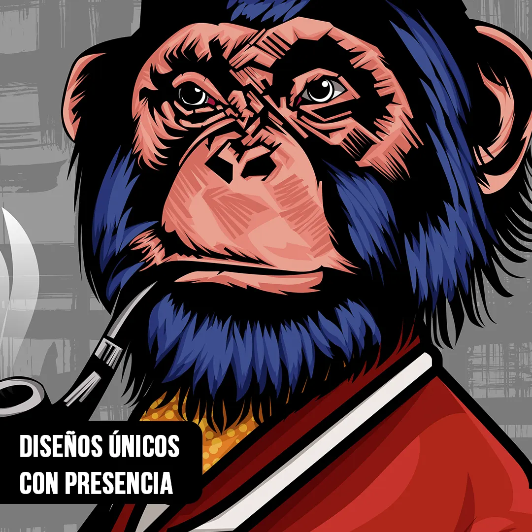 Cuadro con diseño gráfico de un chimpancé de estilo ilustración pop art. El mono tiene la cara rosada y pelaje azul, lleva una chaqueta roja y una pajarita amarilla, y sostiene una pipa encendida. Fondo gris.