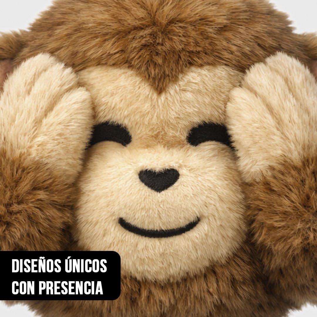 Primer plano de cabeza de mono de peluche marrón tapándose las orejas con las manos en un diseño de fondo blanco