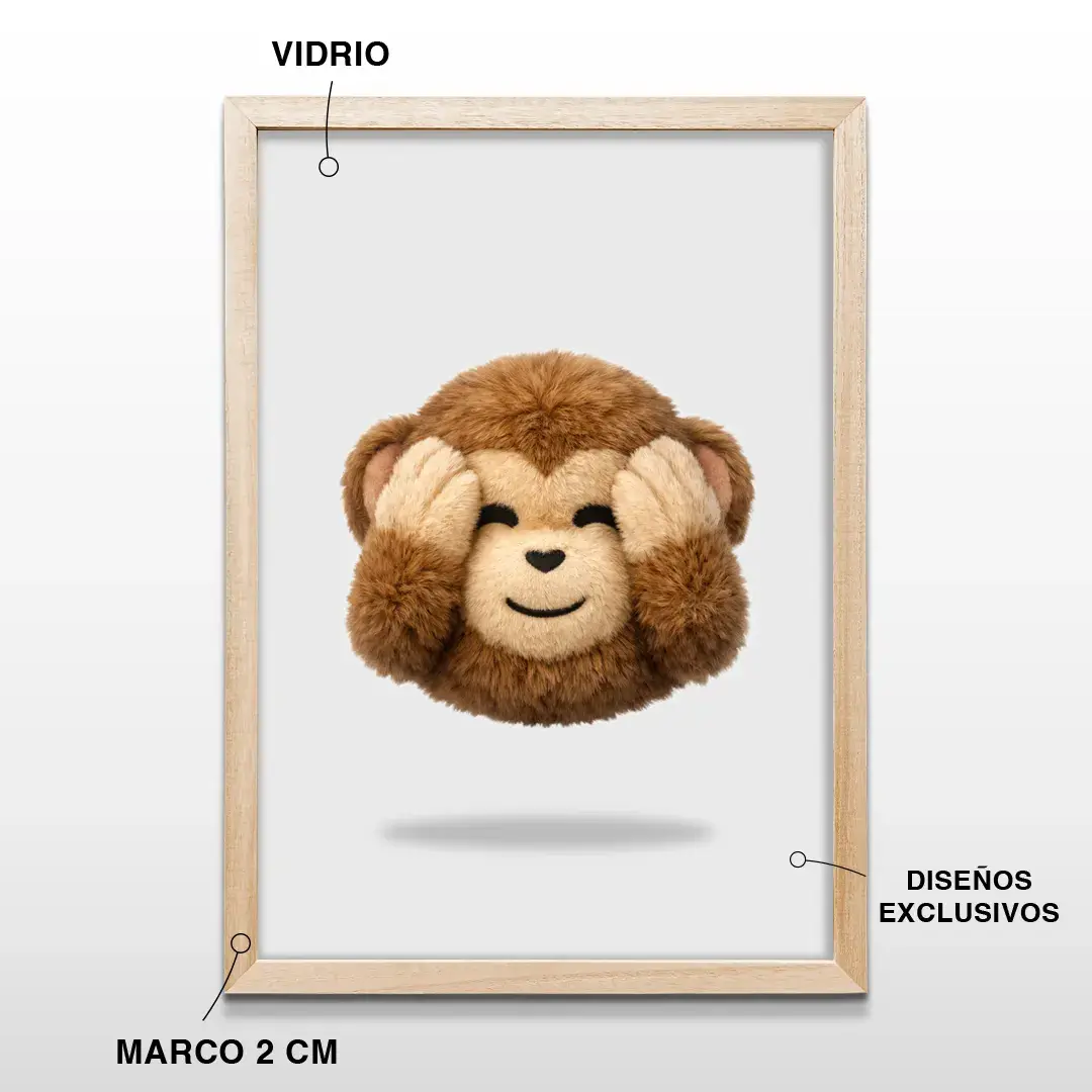 Cuadro decorativo con diseño de mono sabio que no oye en textura de felpa sobre fondo blanco. La imagen detalla las características técnicas: Marco de madera de 2 cm, vidrio protector y certificado de diseños exclusivos