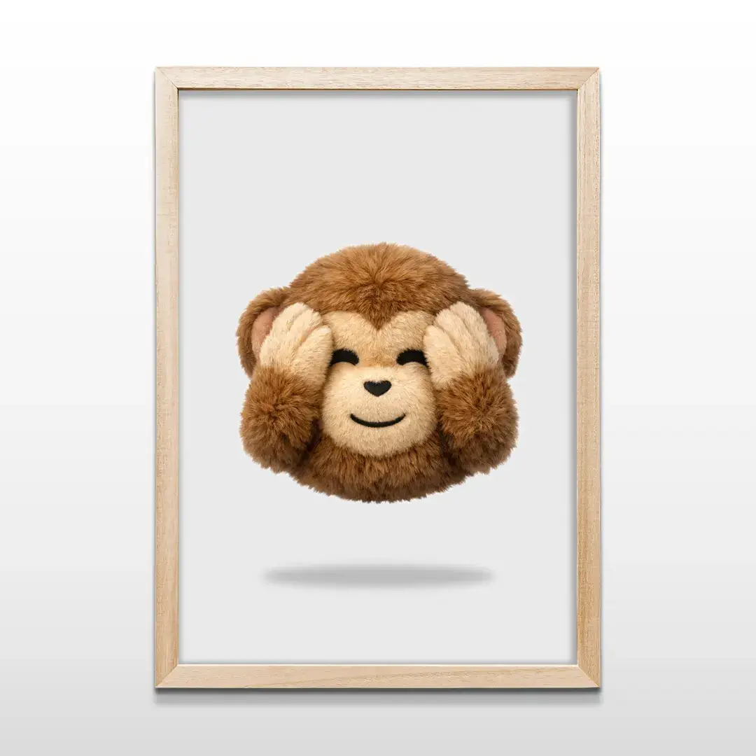 Cuadro moderno de mono sabio que no oye cubriéndose las orejas con textura de pelaje. Vista frontal de la pieza con marco de madera natural clara, ideal para decorar livings modernos o dormitorios