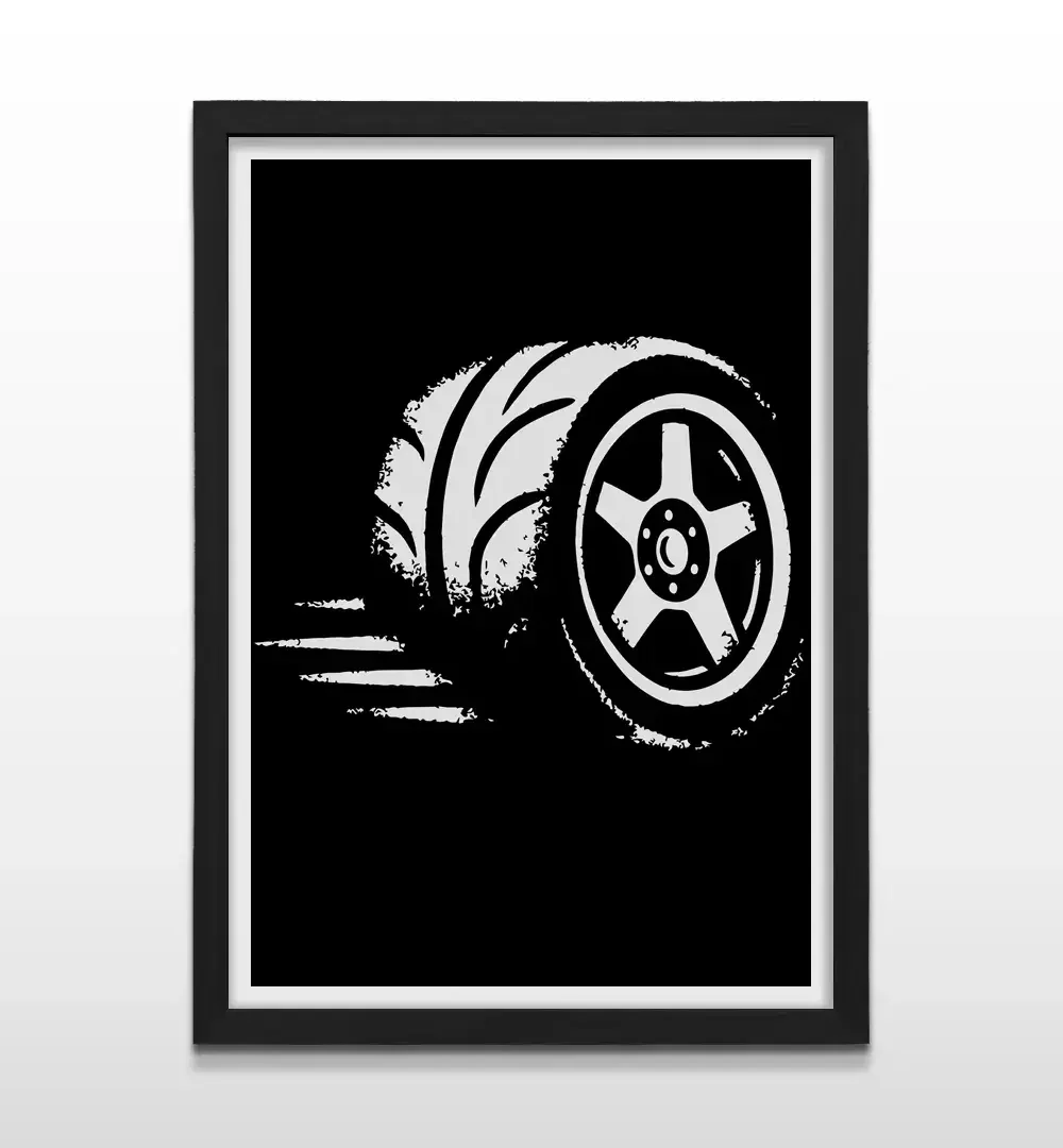 Cuadro moderno de neumático de carrera con marco negro, decoración de alto impacto visual y regalo ideal para amantes de los autos y la velocidad