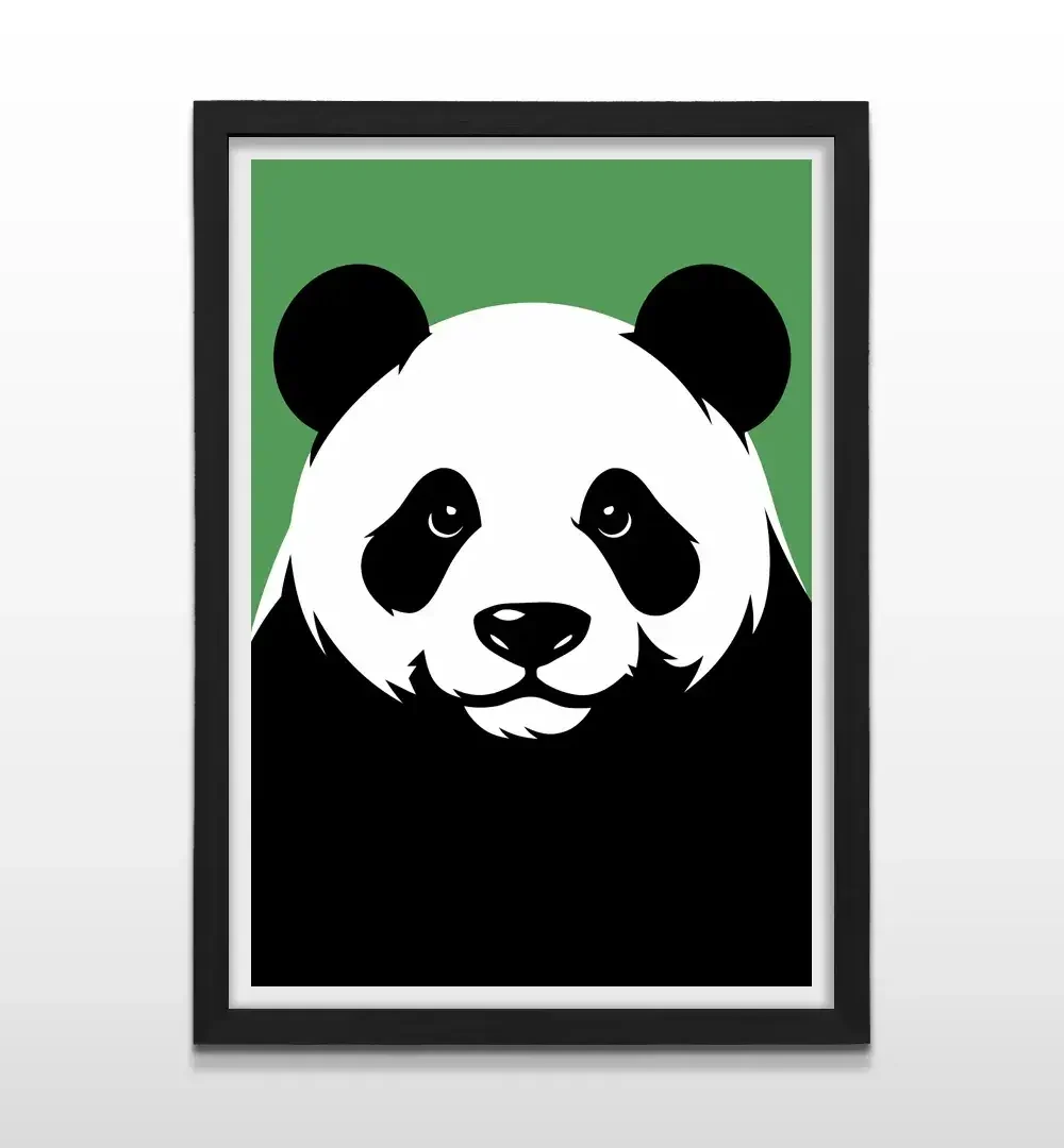 Cuadro moderno de oso panda sobre fondo verde con marco negro, decoración de alto impacto visual y regalo ideal para amantes de los animales y el diseño de interiores