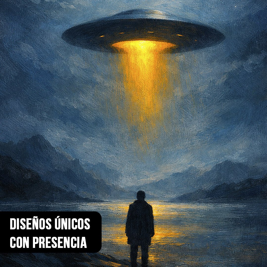 Primer plano de pintura al óleo de una persona de espaldas observando un platillo volador iluminando un lago