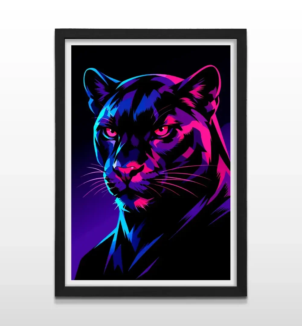 Cuadro moderno de pantera negra con marco negro, arte de pared futurista de alto impacto y regalo ideal para amantes de los felinos y el diseño de vanguardia