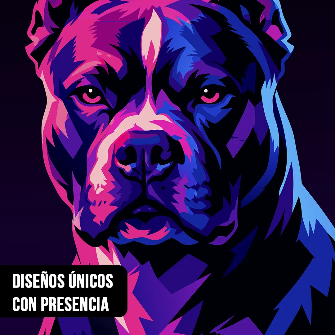 Primer plano de ilustración Pop Art del rostro de un perro American Staffordshire Terrier en tonos neón fucsia, violeta y azul