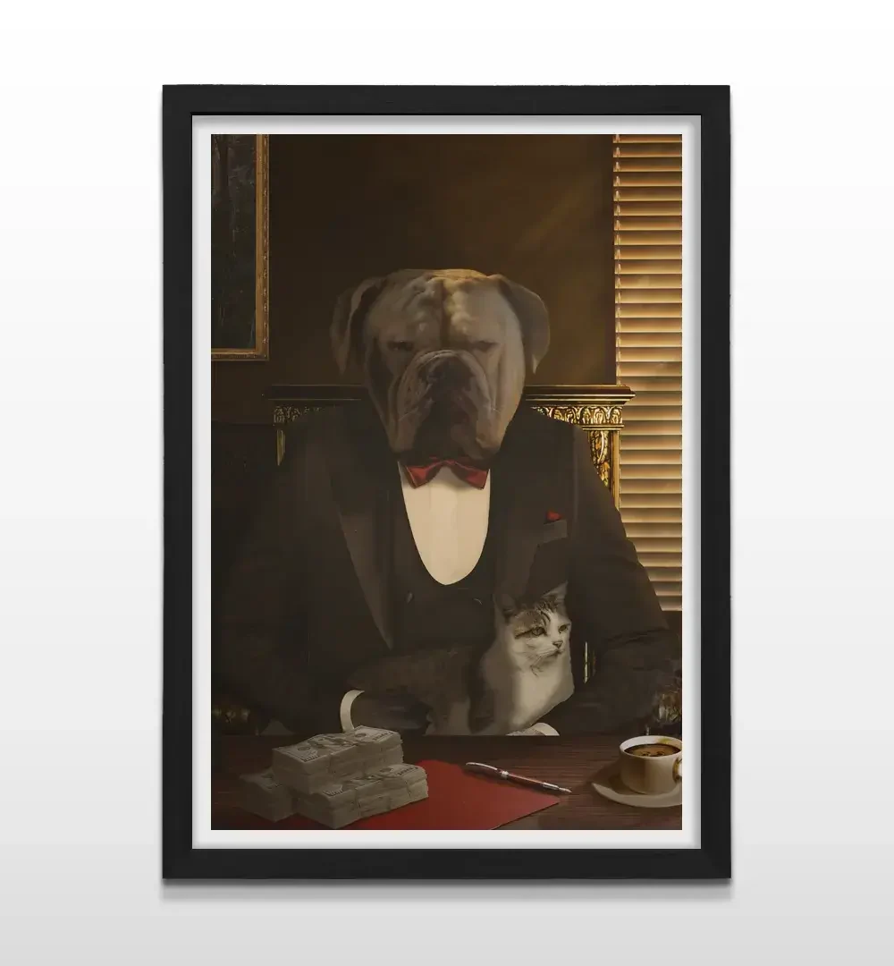 Cuadro moderno de perro estilo mafioso con marco negro, decoración de alto impacto visual y regalo ideal para amantes de los perros y del cine clásico