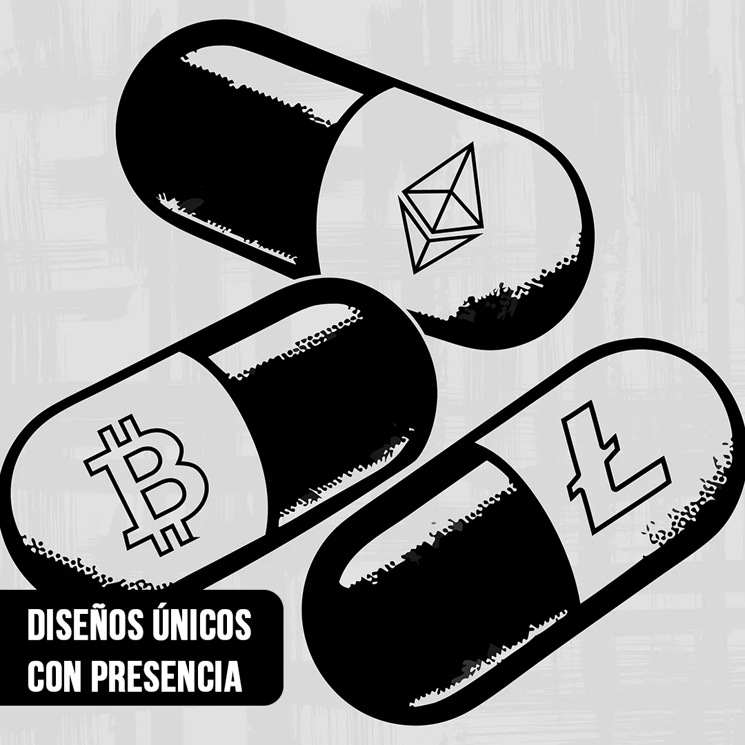 Primer plano de dibujo de tres cápsulas médicas impresas con los logos de Bitcoin, Ethereum y Litecoin