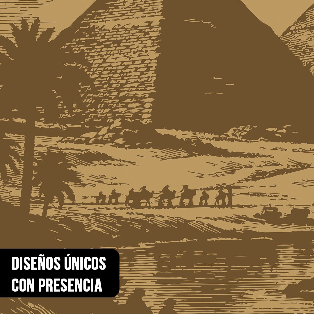 Primer plano de ilustración estilo grabado clásico con las pirámides de Egipto y una caravana de camellos en el desierto