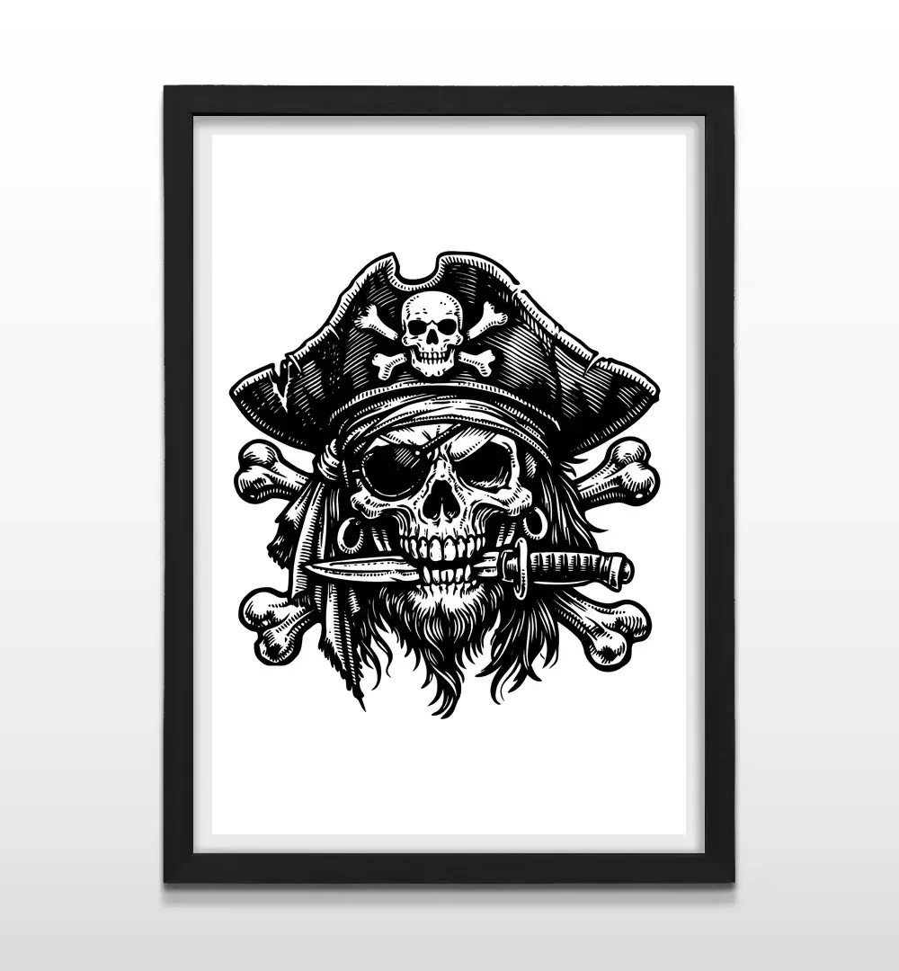 Cuadro moderno de capitán pirata con marco negro, decoración de alto impacto visual y regalo ideal para amantes del diseño en blanco y negro
