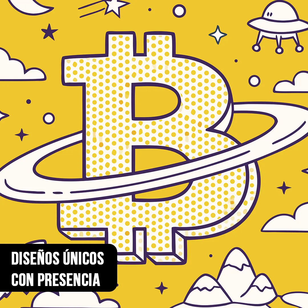 Primer plano de ilustración estilo cómic con el logo de Bitcoin formando un planeta con anillos sobre fondo amarillo