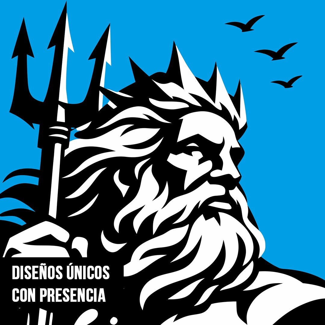 Primer plano de ilustración del dios Poseidón con barba y cabello blanco sosteniendo un tridente sobre fondo azul