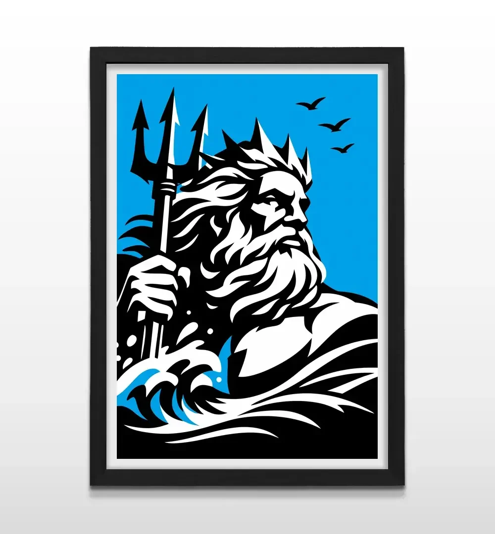 Cuadro moderno de Poseidón abstracto con marco negro, decoración de alto impacto visual y regalo ideal para amantes del mar, el diseño contemporáneo y el arte mitológico