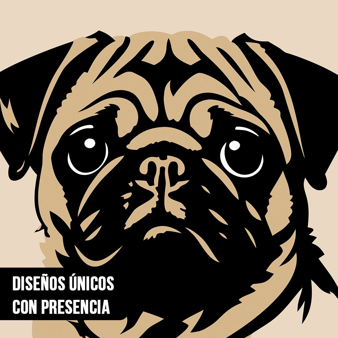 Primer plano de ilustración estilo pop art en beige y negro del rostro de un perro Pug