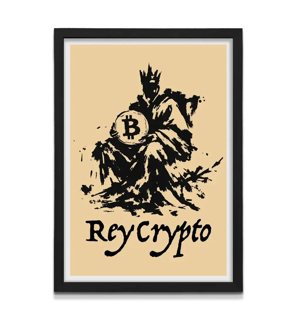 Cuadro moderno de rey Bitcoin con marco negro, decoración de alto impacto visual y regalo ideal para traders, entusiastas de las criptomonedas y diseño de interiores sofisticado