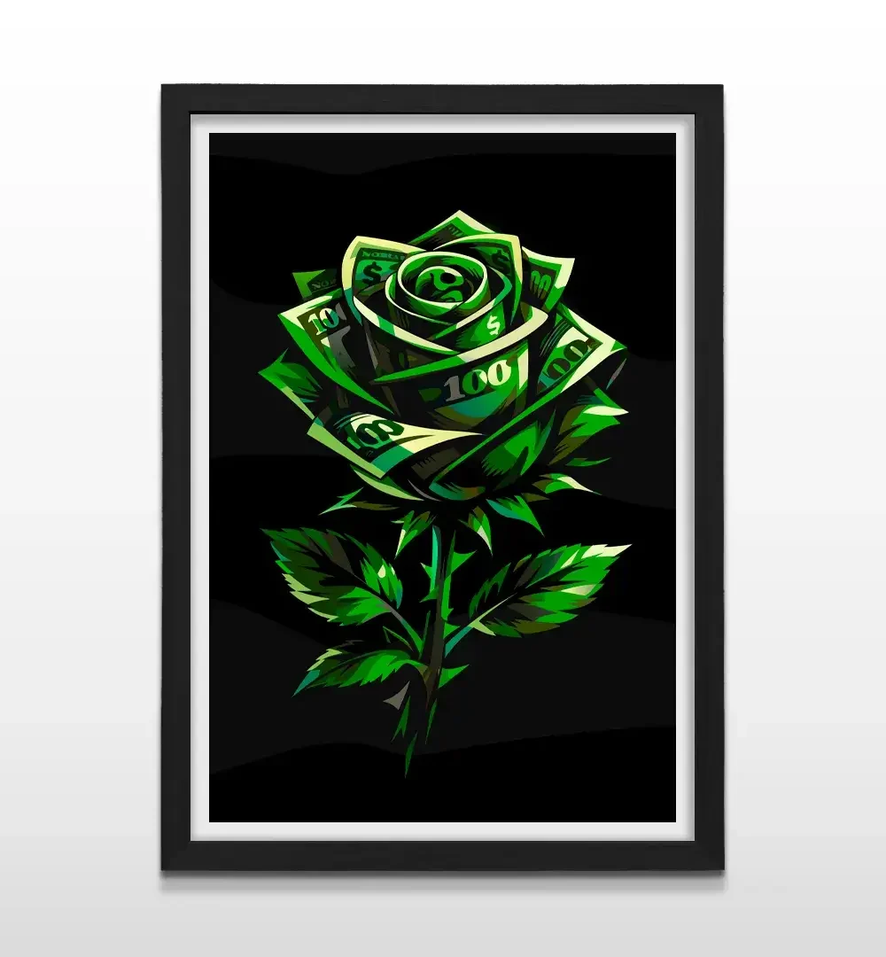 Cuadro moderno de rosa de dólares con marco negro, decoración de alto impacto visual y regalo ideal para emprendedoras y amantes del diseño exclusivo