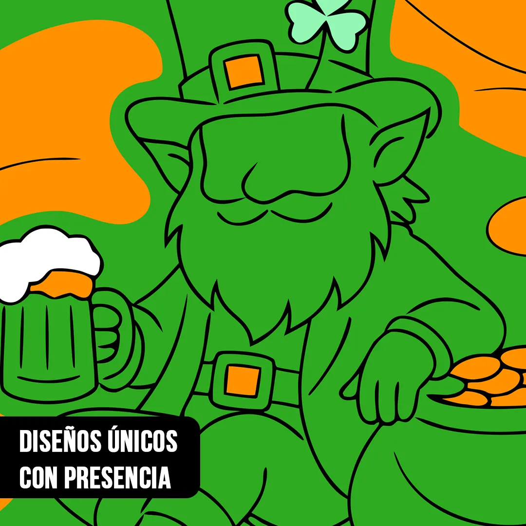 Primer plano de ilustración de un duende verde de San Patricio con barba, jarra de cerveza y olla de monedas de oro