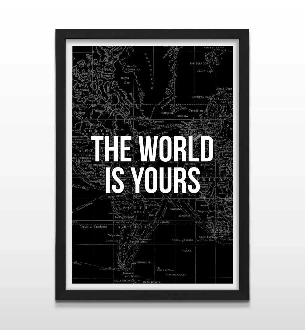 Cuadro moderno El Mundo Es Tuyo con marco negro, decoración de alto impacto visual y regalo ideal para emprendedores y amantes del diseño de interiores sofisticado