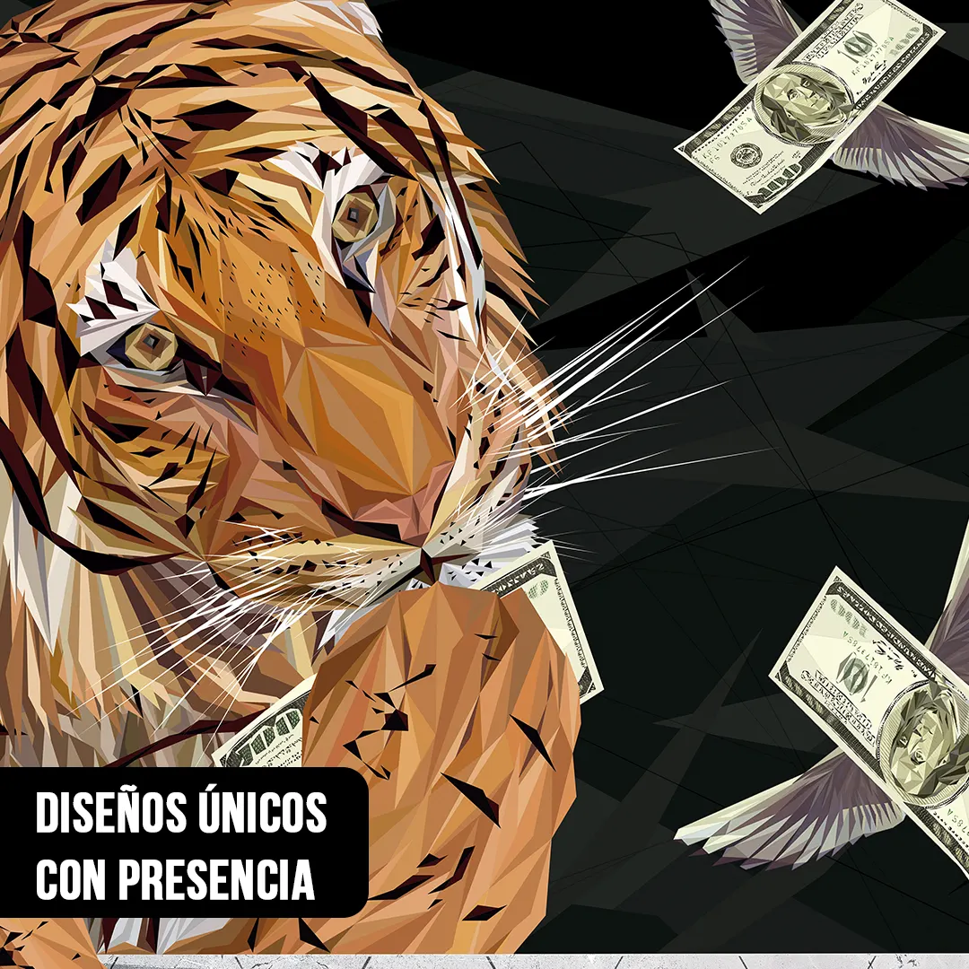 Primer plano de ilustración poligonal de un tigre de Bengala con billetes de cien dólares con alas volando a su alrededor