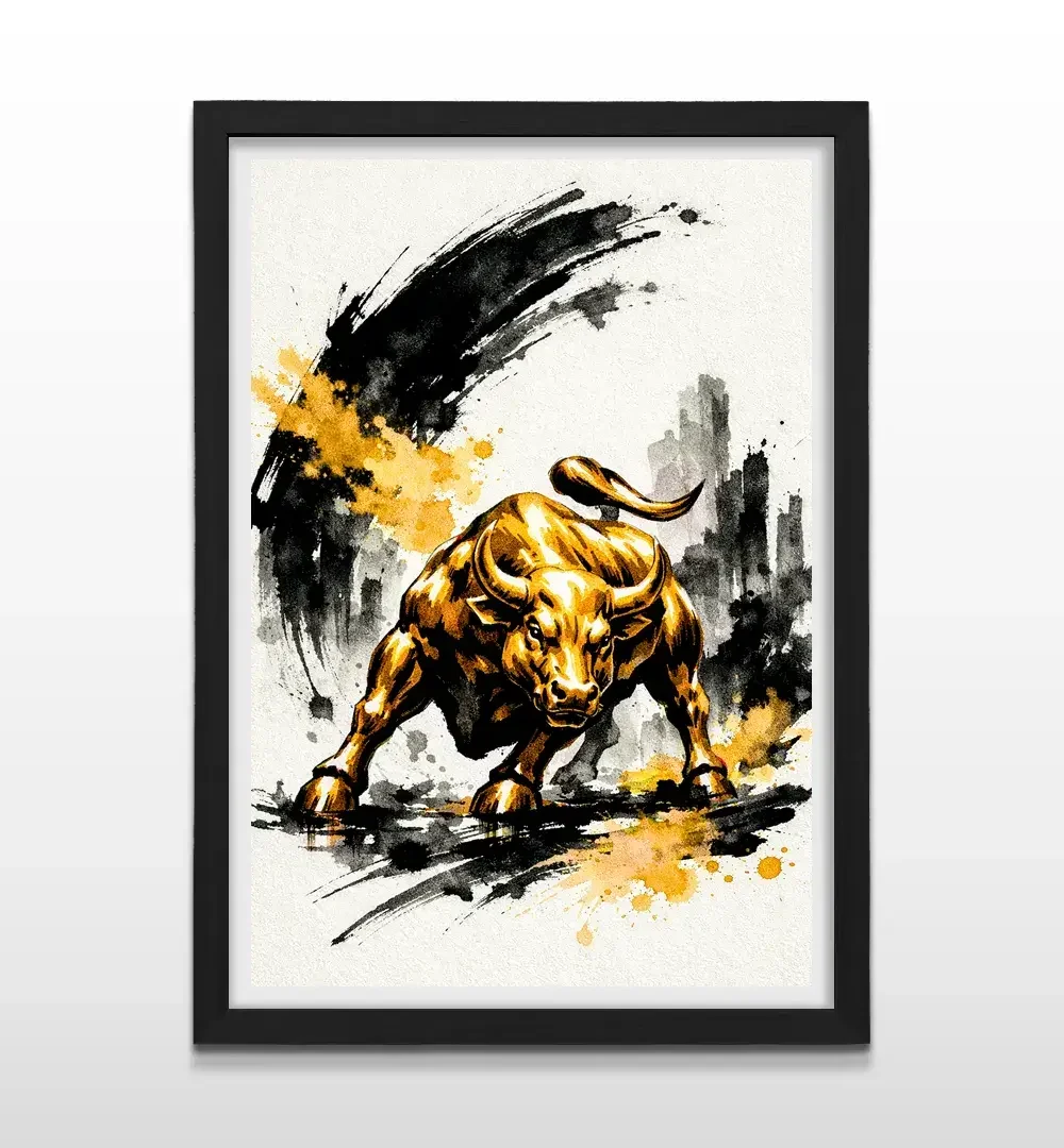 Cuadro moderno de toro de oro con marco negro, arte de pared de Wall Street de alto impacto y regalo ideal para traders, inversores y directivos de finanzas