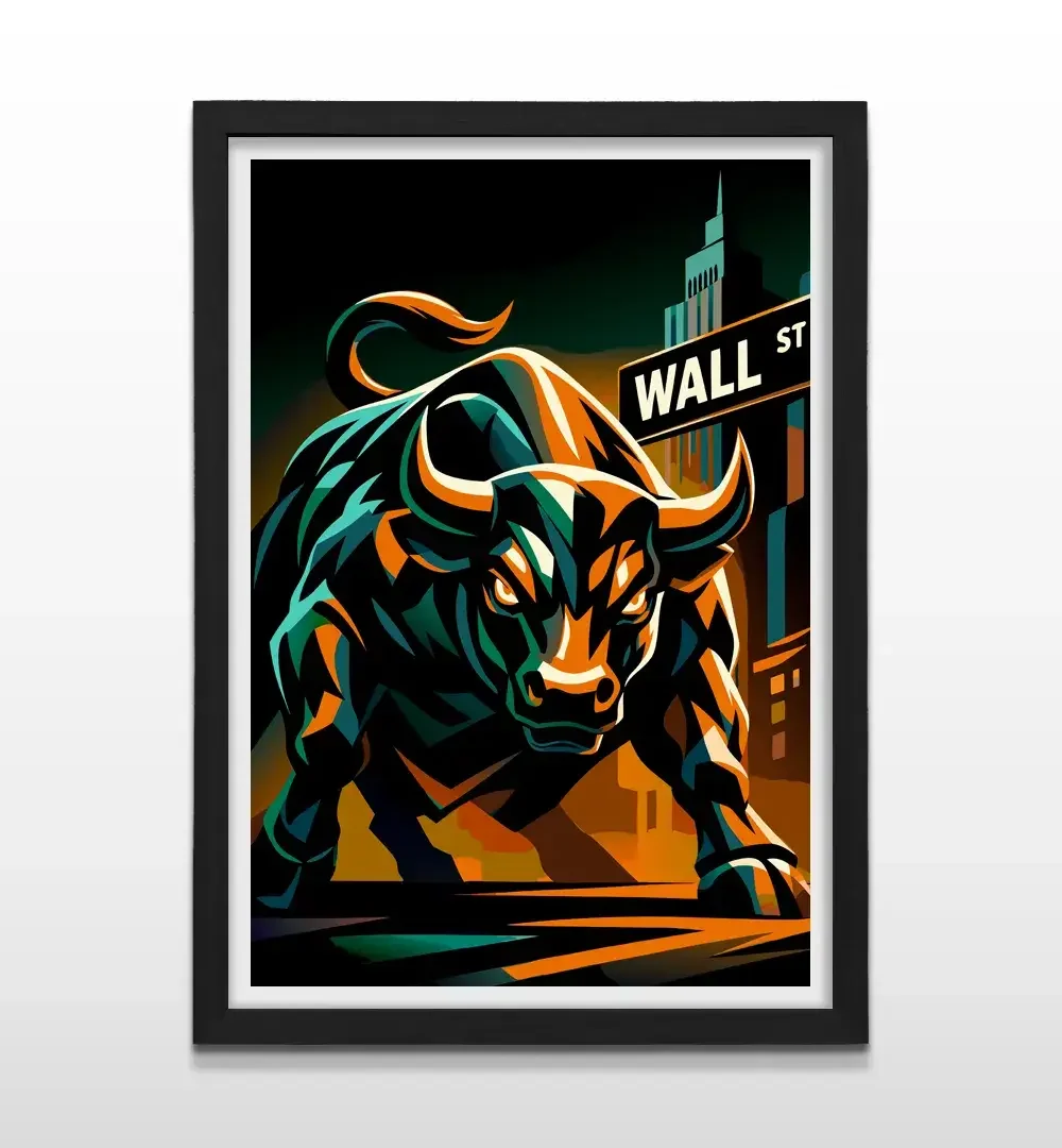 Cuadro moderno de toro de Wall Street con marco negro, arte de pared de alto impacto y regalo ideal para inversores, analistas financieros y fanáticos de los mercados