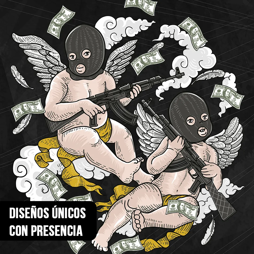 Cuadro con diseño gráfico estilo ilustración pop art que representa a dos querubines angelicales con alas. Ambos llevan pasamontañas negros y sostienen rifles de asalto. Están rodeados de billetes de dólar volando y nubes sobre un fondo gris texturizado