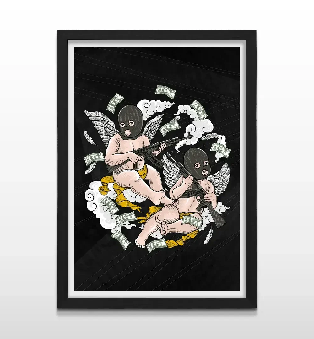 Cuadro moderno de bandidos con marco negro, decoración de alto impacto visual y regalo ideal para amantes del street art y el estilo urbano