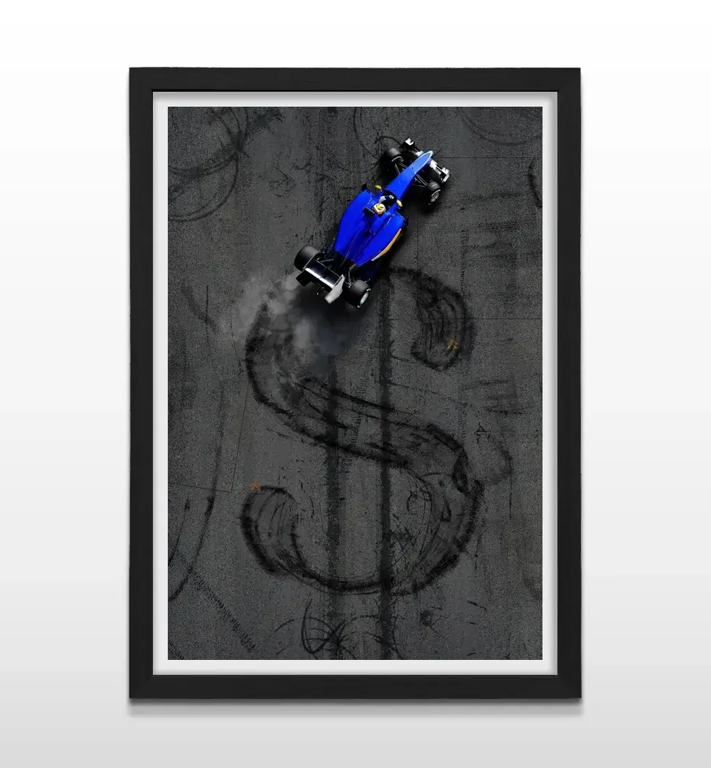 Cuadro moderno de auto de carreras y dólares con marco negro, arte de pared de alto impacto visual y regalo ideal para amantes del automovilismo y los negocios