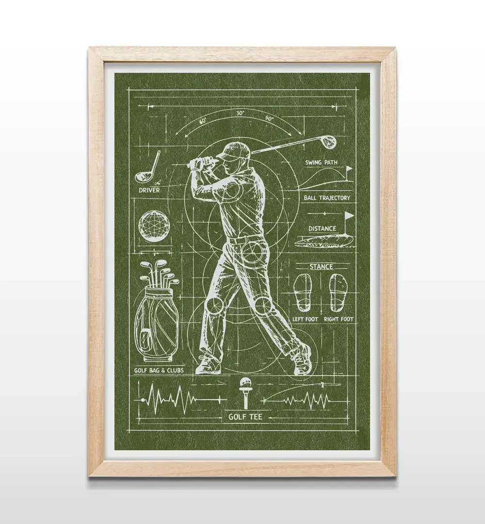 Cuadro de golf minimalista con marco de madera natural, arte de pared para decoración de oficinas o estudios de golf