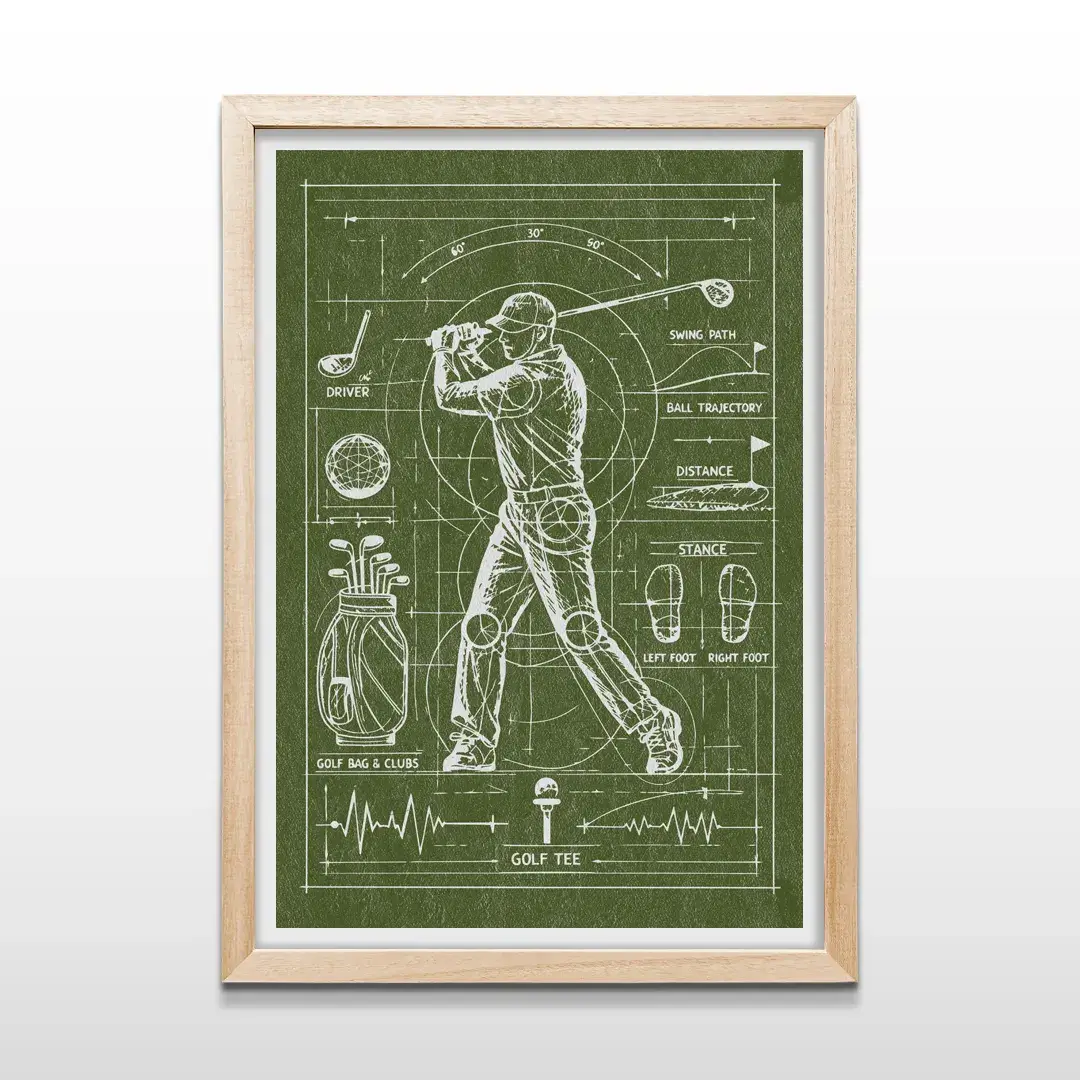 Cuadro de golf minimalista con marco de madera natural, arte de pared para decoración de oficinas o estudios de golf