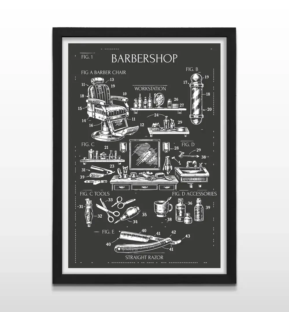 Cuadro moderno de barber shop con marco negro, decoración de interiores para barberías y estudios de tatuajes